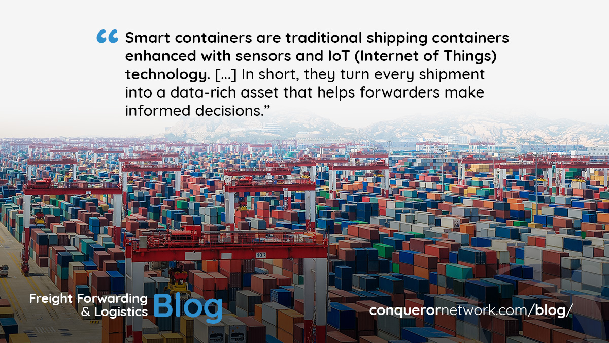 Wide shot of shipping containers labeled with text explaining smart containers-traditional containers enhanced with sensors and IoT technology for real-time tracking, temperature monitoring, shock detection, geofencing, and security alerts.