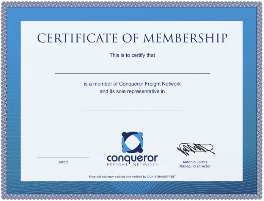 Conqueror Freight Network's membership certificate