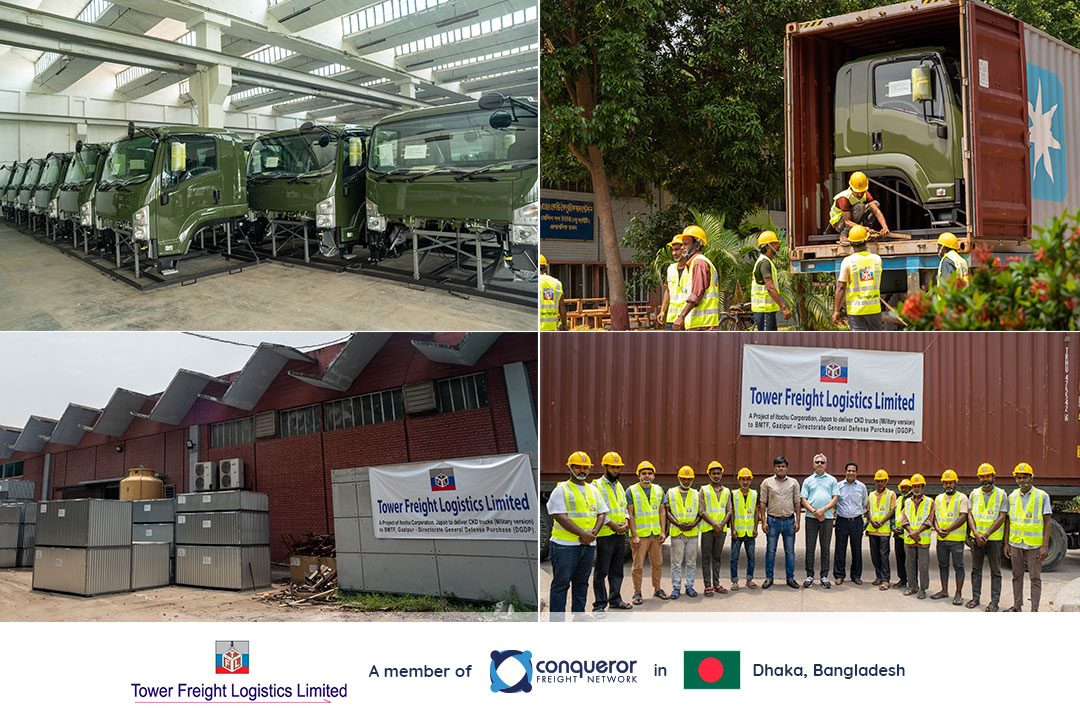 Tower Freight Logistics team overseeing the handling and delivery of heavy-duty vehicles from 69 containers for the Bangladesh Army in Dhaka